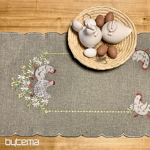 Bestickte Ostertischdecke und Schal HENNE UND BLUMEN grau