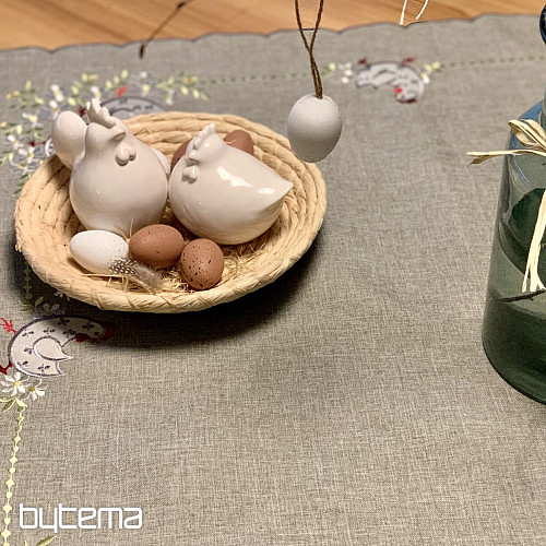 Bestickte Ostertischdecke und Schal HENNE UND BLUMEN grau