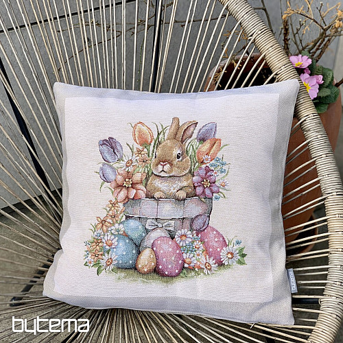 Gobelin-Kissenbezug HASE IN EINEM BLUMENTOPF mit beigem Rahmen