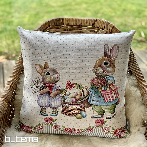 Gobelin-Kissenbezug HASEN MIT ROSEN beige