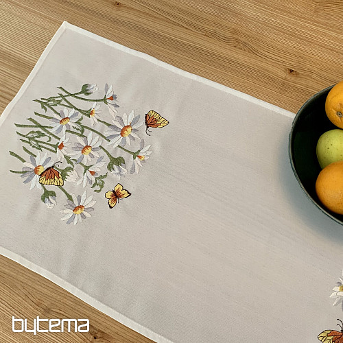 Bestickte Tischdecke und Schal GÄNSEBLÜMCHEN UND SCHMETTERLINGE