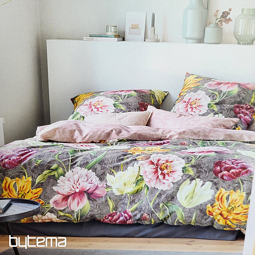 IRISETTE luxuriöser Baumwollsatin MAGIC GRAU 11 FARBIGE BLUMEN