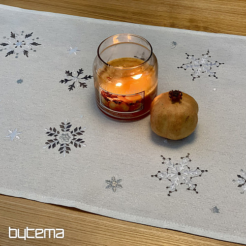 Bestickte Weihnachtstischdecke und Schal in GRAU-WEISS-FLAKE