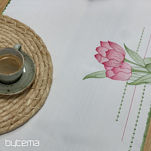 Bestickte Tischdecke und Schal Rosa Tulpen