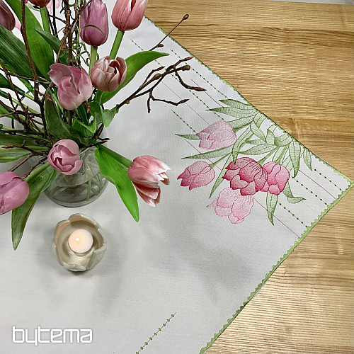 Bestickte Tischdecke und Schal Rosa Tulpen