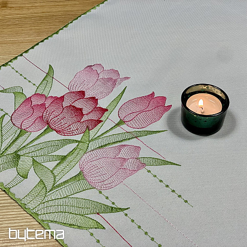 Bestickte Tischdecke und Schal Rosa Tulpen