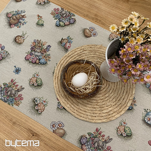 Gobelin-Tischdecke und Schal HASE IM BLUMENTOPF