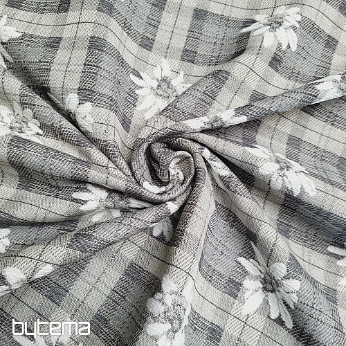 Luxuriöser Dekostoff BLUMEN UND KAROS grau