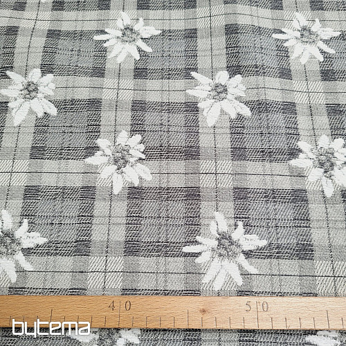 Luxuriöser Dekostoff BLUMEN UND KAROS grau