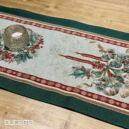 Gobelin-Tischdecke und Schal FLAMING CANDLES mit grünem Rand