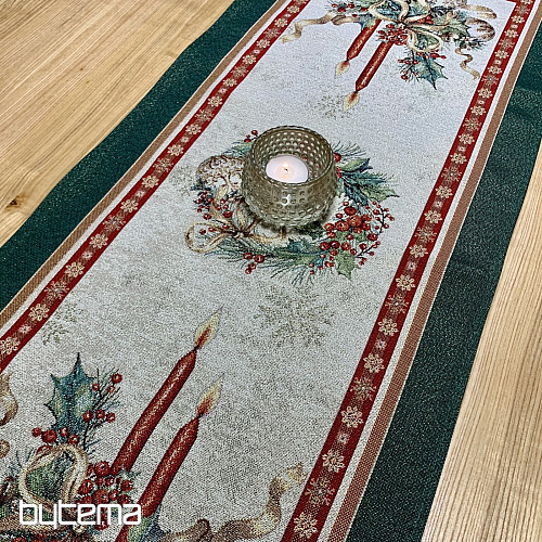 Gobelin-Tischdecke und Schal FLAMING CANDLES mit grünem Rand