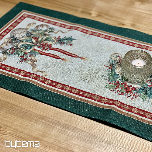 Gobelin-Tischdecke und Schal FLAMING CANDLES mit grünem Rand