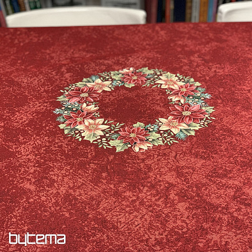 Runde Tischdecke aus Wandteppichstoff mit Weihnachtsrosen- und Stechpalmenkranz-Motiv, rot