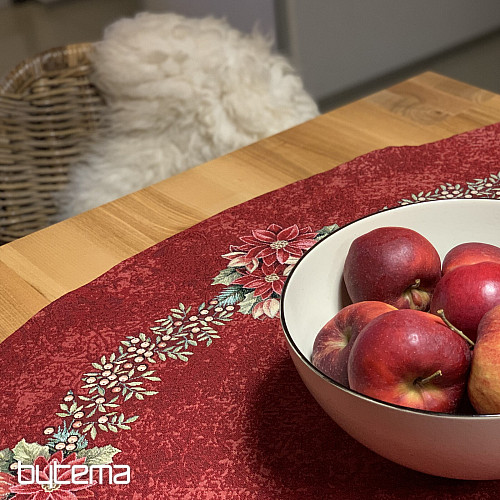 Runde Tischdecke aus Wandteppichstoff mit Weihnachtsrosen- und Stechpalmenkranz-Motiv, rot