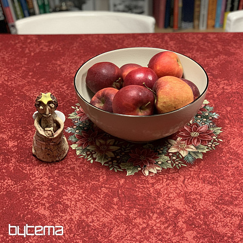 Runde Tischdecke aus Wandteppichstoff mit Weihnachtsrosen- und Stechpalmenkranz-Motiv, rot