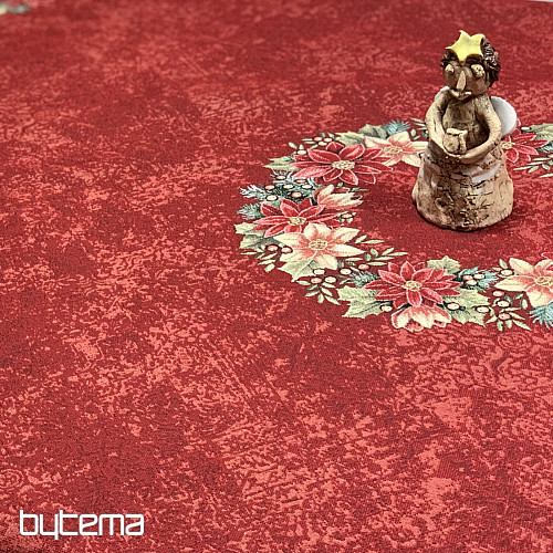 Runde Tischdecke aus Wandteppichstoff mit Weihnachtsrosen- und Stechpalmenkranz-Motiv, rot