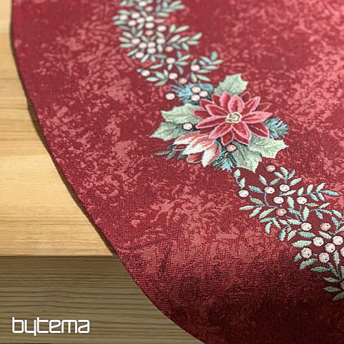 Runde Tischdecke aus Wandteppichstoff mit Weihnachtsrosen- und Stechpalmenkranz-Motiv, rot
