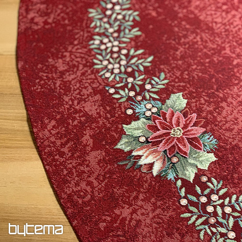 Runde Tischdecke aus Wandteppichstoff mit Weihnachtsrosen- und Stechpalmenkranz-Motiv, rot