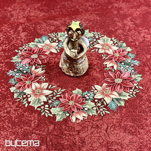 Runde Tischdecke aus Wandteppichstoff mit Weihnachtsrosen- und Stechpalmenkranz-Motiv, rot