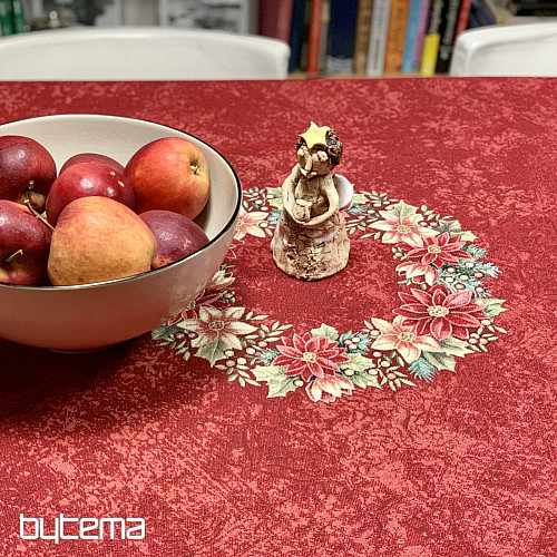 Runde Tischdecke aus Wandteppichstoff mit Weihnachtsrosen- und Stechpalmenkranz-Motiv, rot