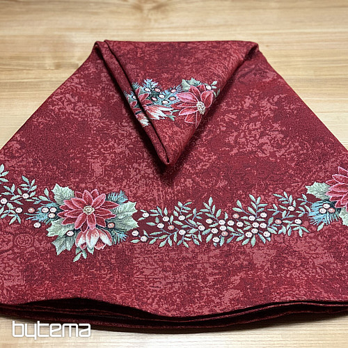 Runde Tischdecke aus Wandteppichstoff mit Weihnachtsrosen- und Stechpalmenkranz-Motiv, rot