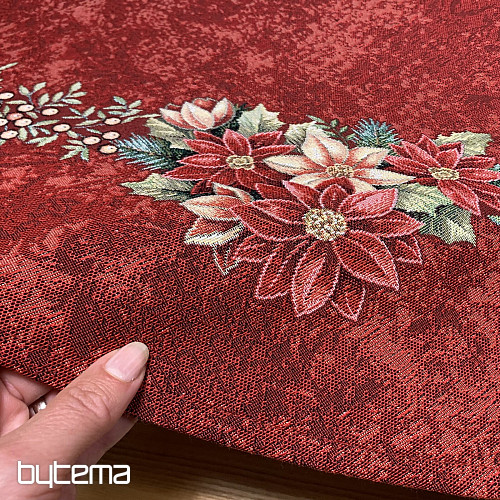 Runde Tischdecke aus Wandteppichstoff mit Weihnachtsrosen- und Stechpalmenkranz-Motiv, rot