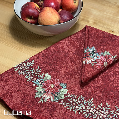 Runde Tischdecke aus Wandteppichstoff mit Weihnachtsrosen- und Stechpalmenkranz-Motiv, rot