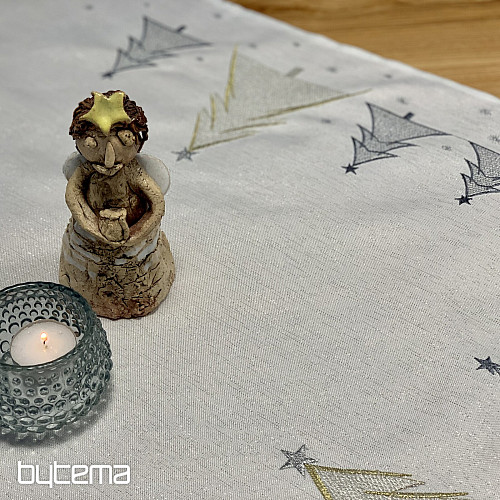 Bestickte Tischdecke und Schal GRAU GOLDENE BÄUME