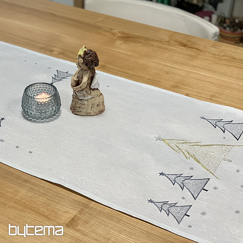 Bestickte Tischdecke und Schal GRAU GOLDENE BÄUME