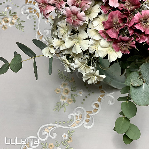 Tischdecke und Schal mit Blumenmuster, aprikosenfarben bestickt