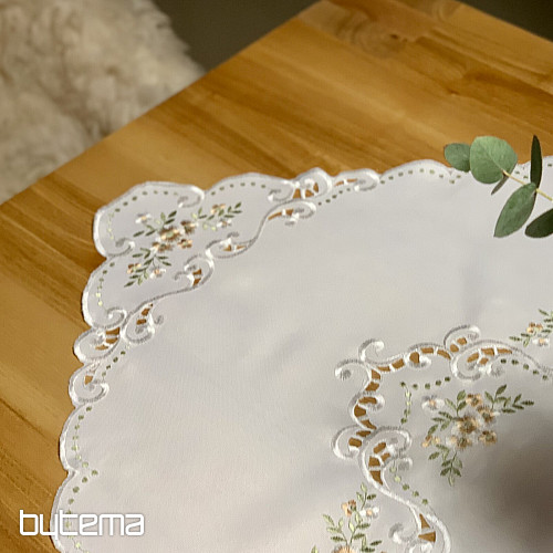 Tischdecke und Schal mit Blumenmuster, aprikosenfarben bestickt