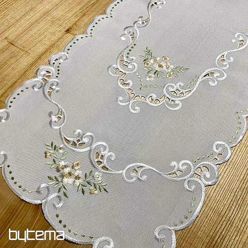 Tischdecke und Schal mit Blumenmuster, aprikosenfarben bestickt