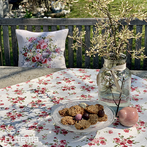Tischdecke und Schal FLOWERS LINO rot