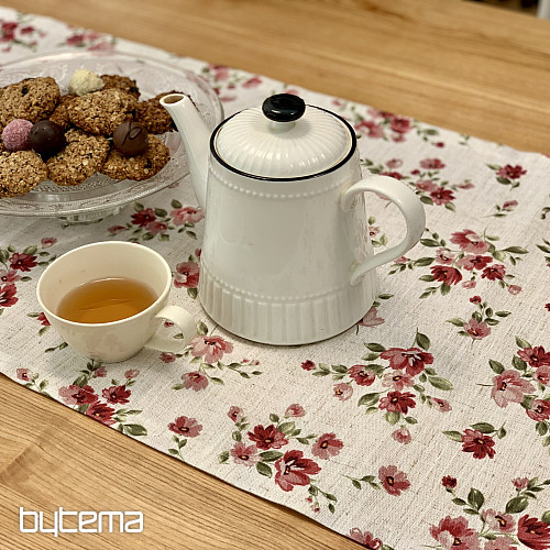 Tischdecke und Schal FLOWERS LINO rot