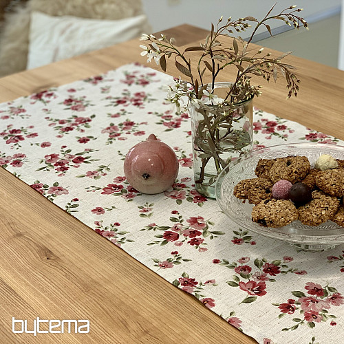 Tischdecke und Schal FLOWERS LINO rot