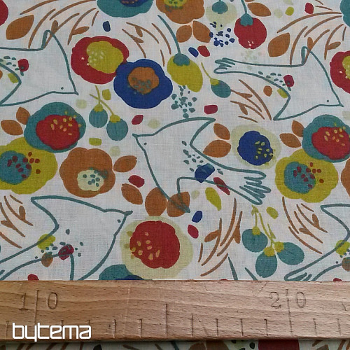 Baumwollstoff VÖGEL UND BLUMEN