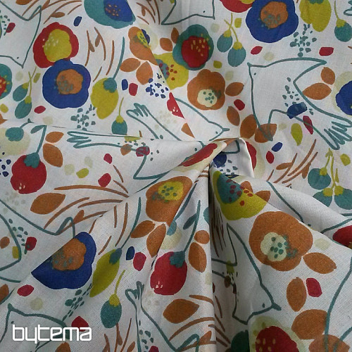Baumwollstoff VÖGEL UND BLUMEN