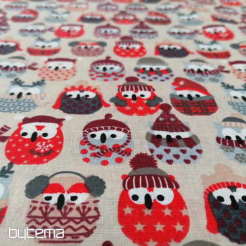 Baumwollstoff OWLS IN WINTER rot