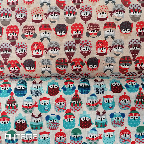 Baumwollstoff OWLS IN WINTER rot