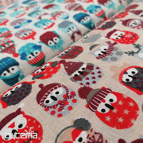 Baumwollstoff OWLS IN WINTER rot