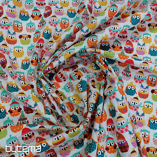 Baumwollstoff OWLS IN WINTER bunt